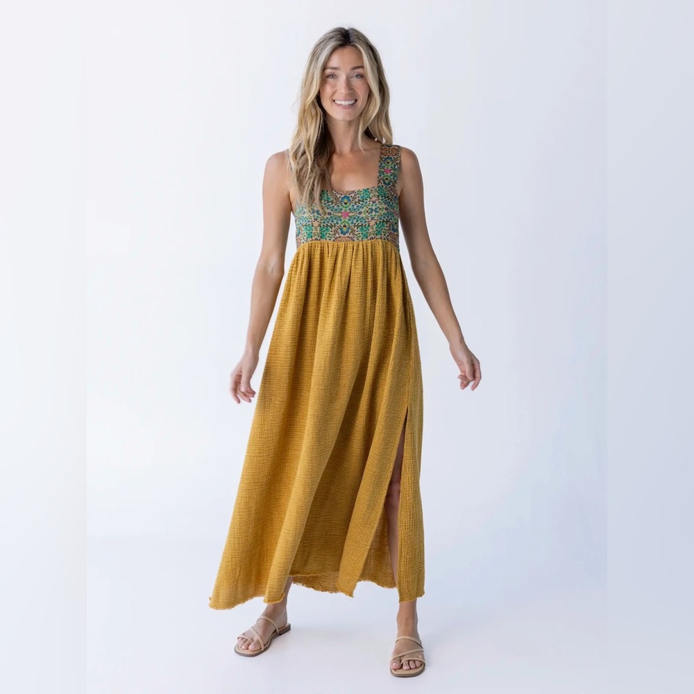 Mustard Maxi Dress with Green Floral Bodice